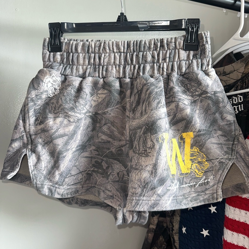 Darc Sport Gray Camouflage Athletic Shorts with Yellow Logo